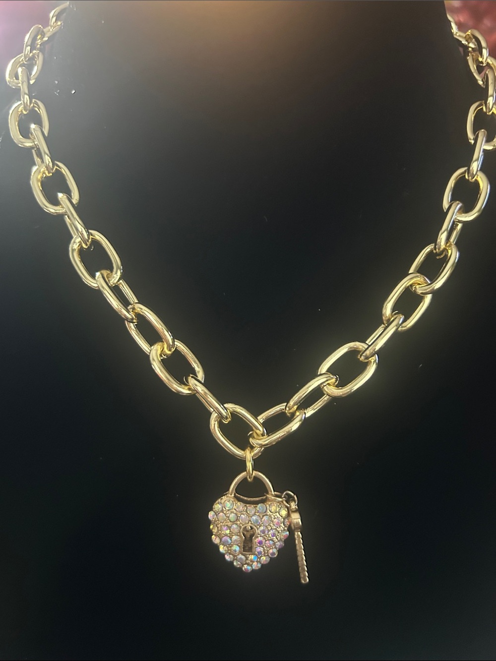 Gold Chain Necklace with Crystal Heart Lock and Key Pendant - Women Jewelry